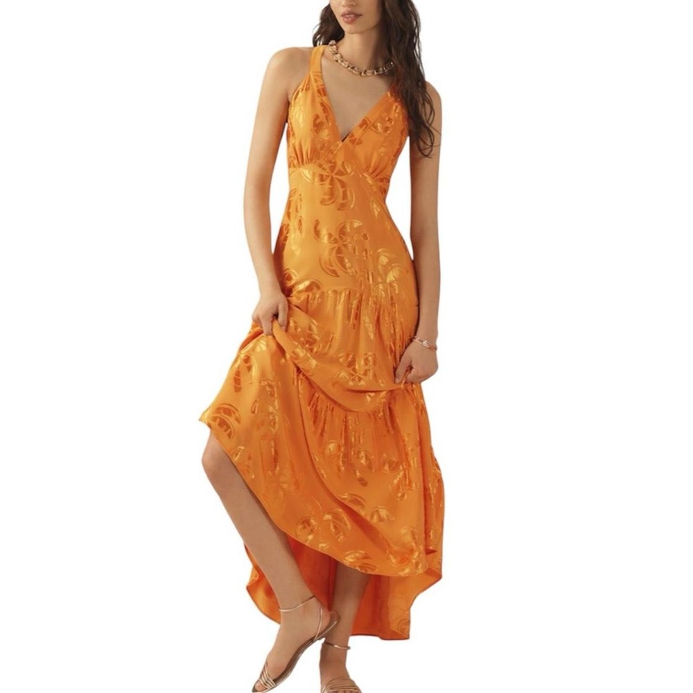 Farm Rio x Anthropologie V-neck Tiered Maxi Dress Women's Size Large Gold Formal